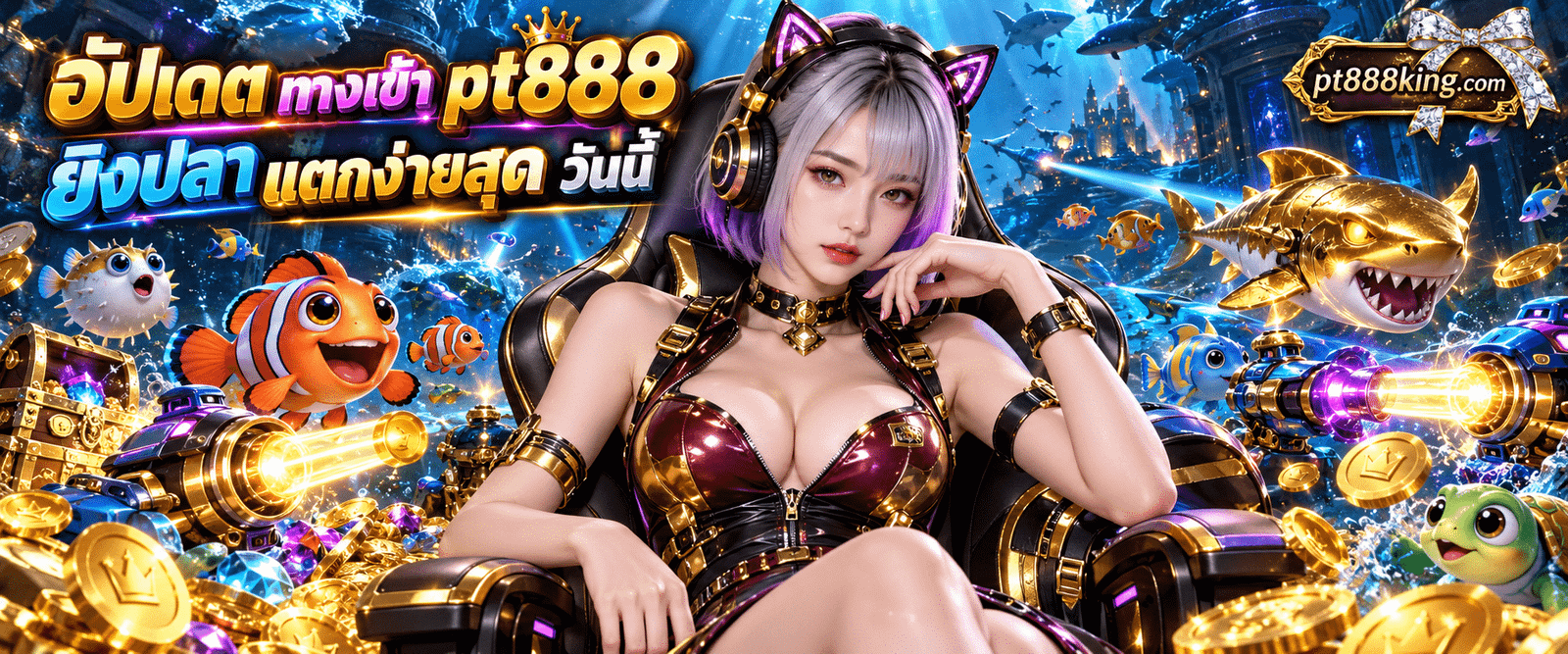 ภาพใต้ท้องทะเลฝูงปลาการ์ตูนและปืนเลเซอร์ ทางเข้า pt888 ยิงปลา แตกง่ายสุด