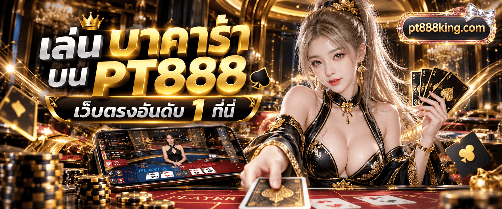 ภาพกราฟิกดีลเลอร์แจกไพ่บนโต๊ะ PT888 บาคาร่า เว็บตรงอันดับ 1 หน้าจอมือถือ